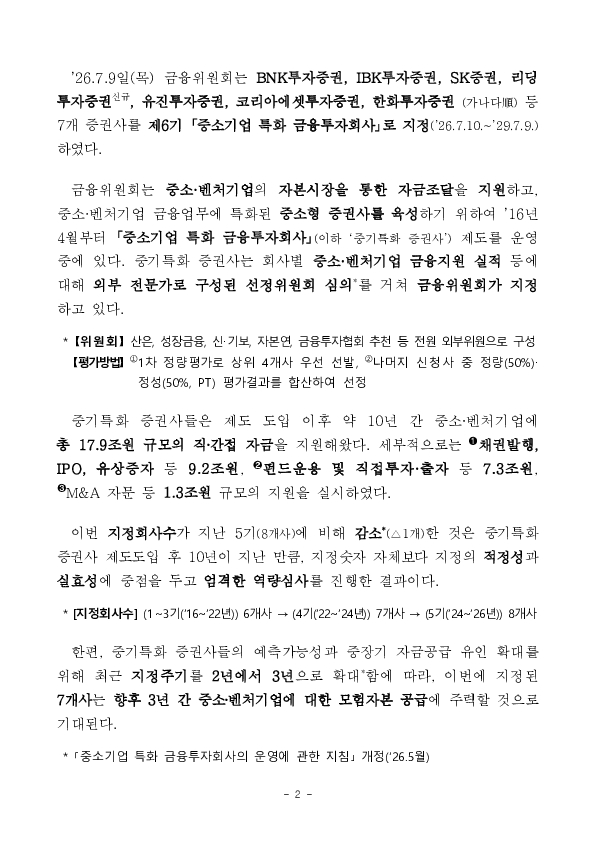 중소기업 특화 금융투자회사 7개사 지정 이미지 2