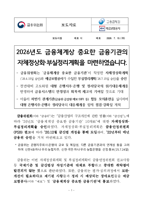 2026년도 금융체계상 중요한 금융기관의 자체정상화, 부실정리계획을 마련하였습니다 PC 본문 이미지 1