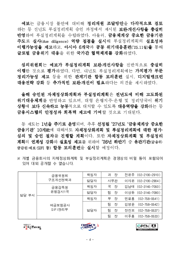 2026년도 금융체계상 중요한 금융기관의 자체정상화, 부실정리계획을 마련하였습니다 이미지 4