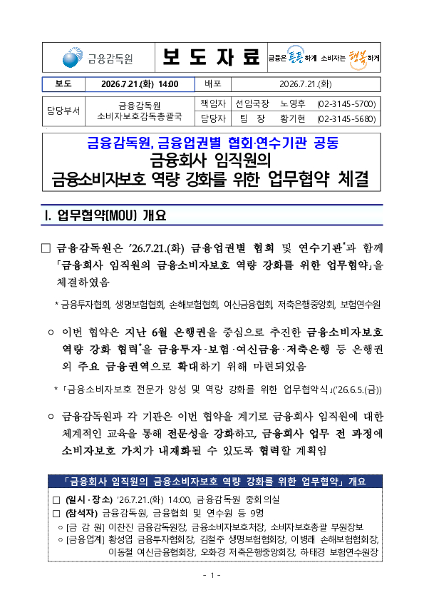 금융감독원, 금융업권별 협회, 연수기관 공동 금융회사 임직원의 금융소비자보호 역량 강화를 위한 업무협약 체결 이미지 1