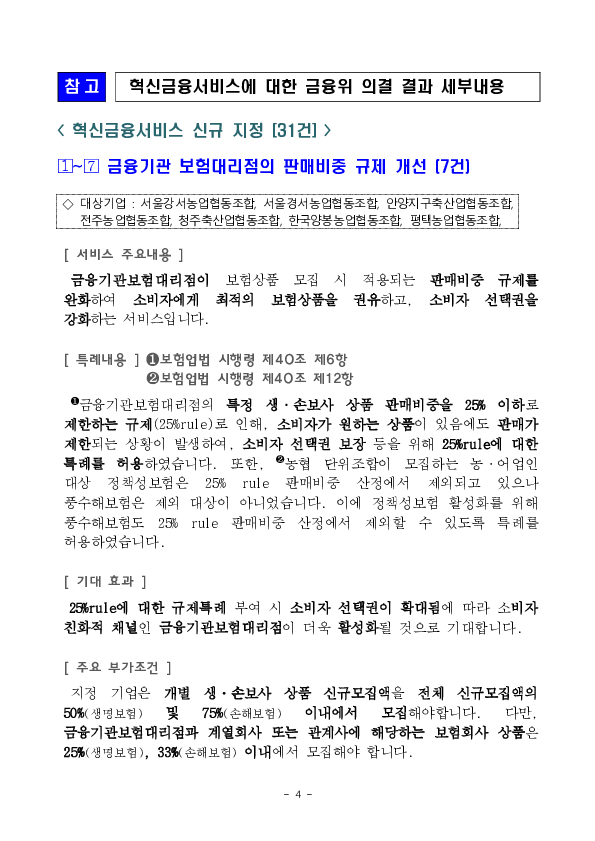 금융기관보험대리점 판매비중 규제개선 등 혁신금융서비스 31건 신규 지정 의결 이미지 4