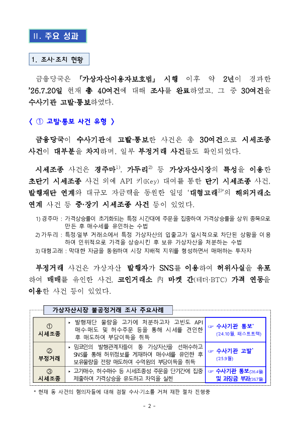 가상자산이용자보호법 시행(’24.7.19.) 2년간의 가상자산 불공정거래 조사 주요성과 및 향후 계획 이미지 2