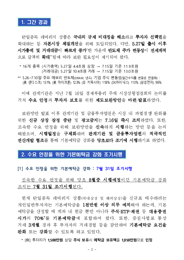 단일종목 레버리지 상품(ETF, ETN) 기본예탁금 강화 조기시행 방안 안내 PC 본문 이미지 2