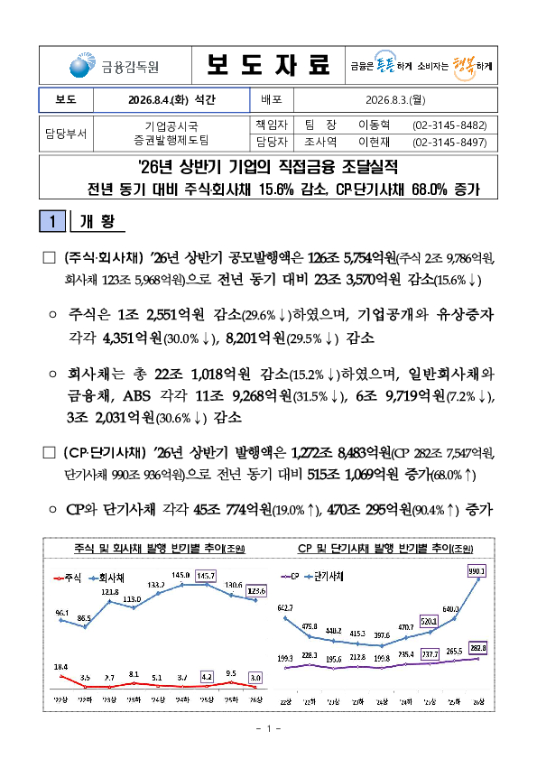 26년 상반기 기업의 직접금융 조달실적 PC 본문 이미지 1