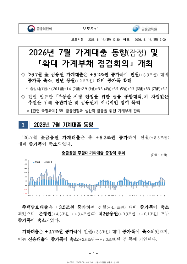 2026년 7월 가계대출 동향(잠정) 및 「확대 가계부채 점검회의」 개최 PC 본문 이미지 1