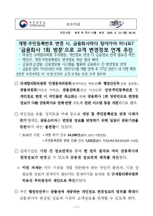 개명,주민등록번호 변경 시, 금융회사마다 찾아가야 하나요「 ‘금융회사 1회 방문’으로 고객 변경정보 연계 추진 PC 본문 이미지 1