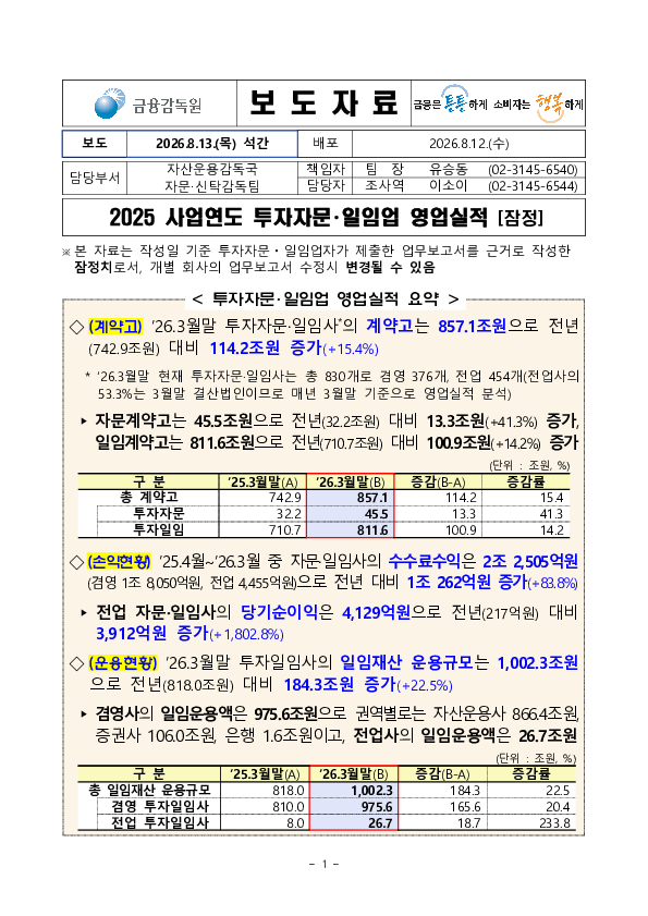 2025 사업연도 투자자문,일임업 영업실적 [잠정] 이미지 1
