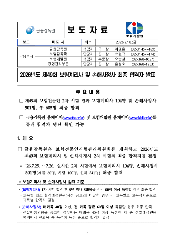 2026년 제49회 보험계리사 및 손해사정사 최종 합격자 발표 이미지 1