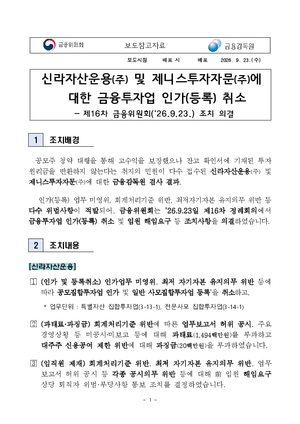 신라자산운용(주) 및 제니스투자자문(주)에 대한 금융투자업 인가(등록) 취소 PC 본문 이미지 1