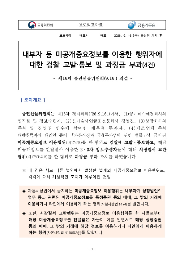 내부자 등 미공개중요정보를 이용한 행위자에 대한 검찰 고발, 통보 및 과징금 부과(4건) PC 본문 이미지 1