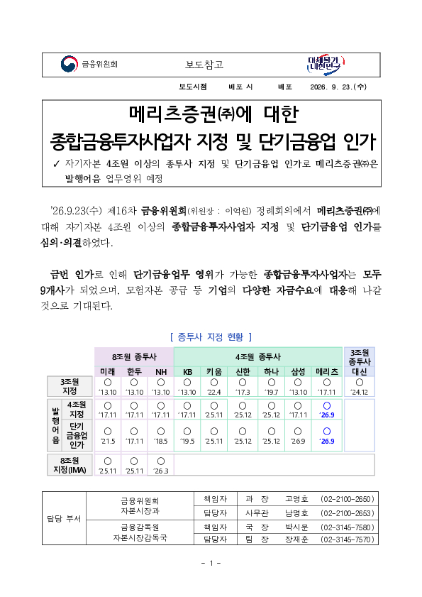 메리츠증권(주)에 대한 종합금융투자사업자 지정 및 단기금융업 인가 PC 본문 이미지 1