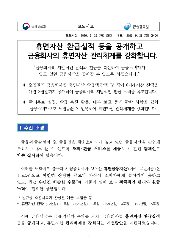 휴면자산 환급실적 등을 공개하고 금융회사의 휴면자산 관리체계를 강화합니다. PC 본문 이미지 1