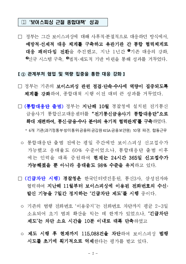 ‘보이스피싱 근절 종합대책’ 1년, 발생건수 40%,피해액 43% 감소 성과 이미지 2