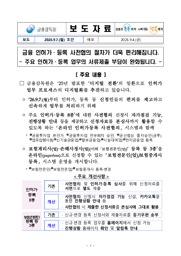 금융 인허가, 등록 사전협의 절차가 더욱 편리해집니다. PC 본문 이미지 1