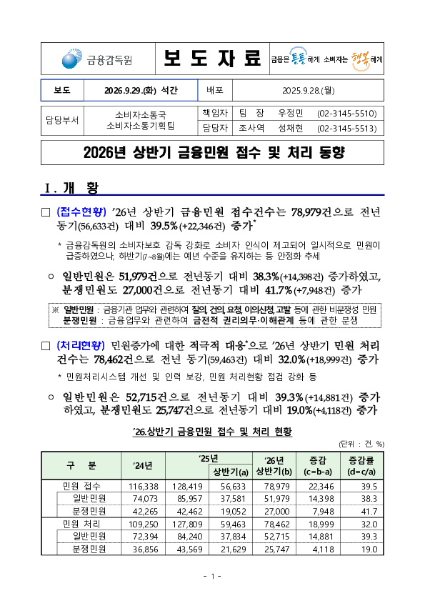2026년 상반기 금융민원 접수 및 처리 동향 PC 본문 이미지 1
