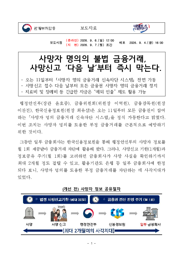 사망자 명의의 불법 금융거래, 사망신고 ‘다음 날’부터 즉시 막는다 PC 본문 이미지 1