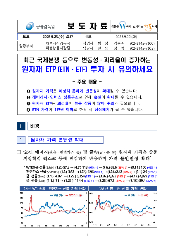 최근 국제분쟁 등으로 변동성, 괴리율이 증가하는 원자재 ETP(ETN, ETF) 투자 시 유의하세요 이미지 1