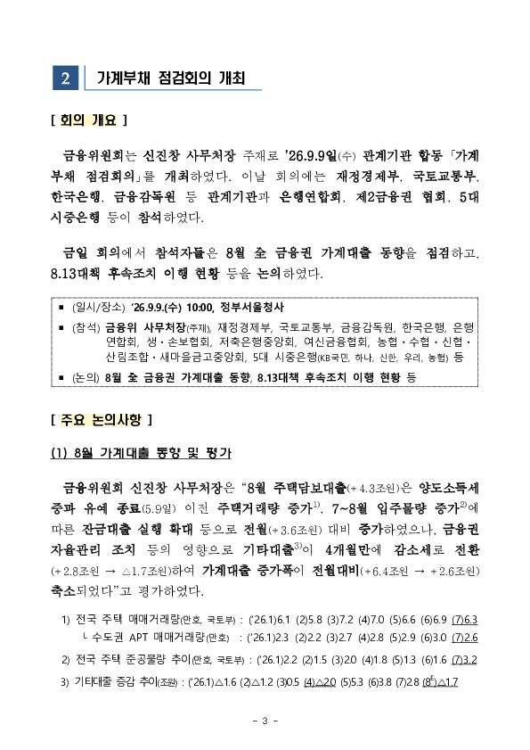 2026년 8월 가계대출 동향(잠정) 및 가계부채 점검회의 개최 이미지 3