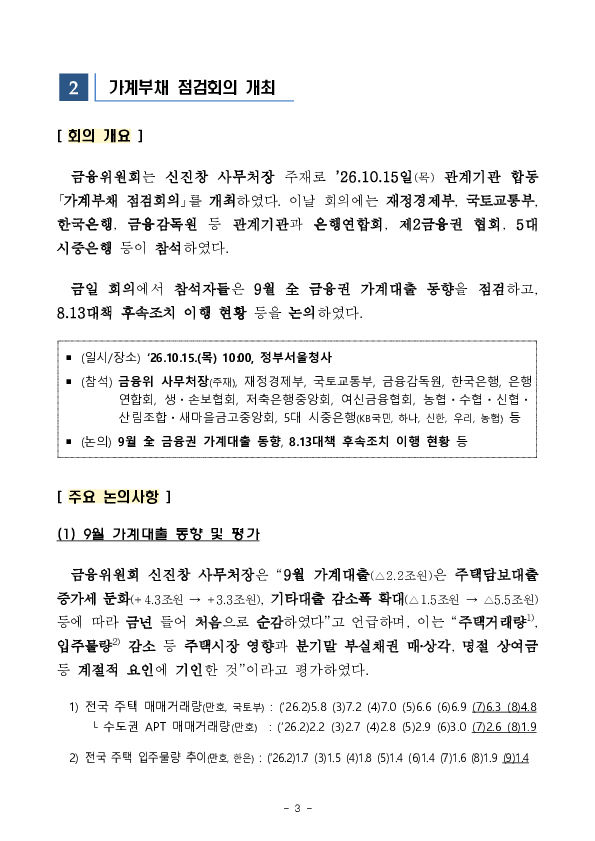 2026년 9월 가계대출 동향(잠정) 및 「가계부채 점검회의」 개최 이미지 3