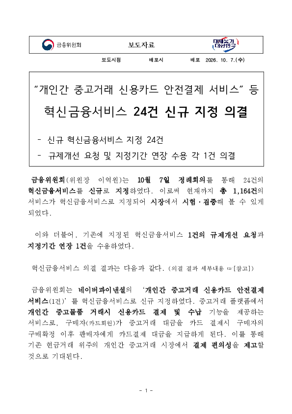 "개인간 중고거래 신용카드 안전결제 서비스" 등 혁신금융서비스 24건 신규 지정 의결 이미지 1